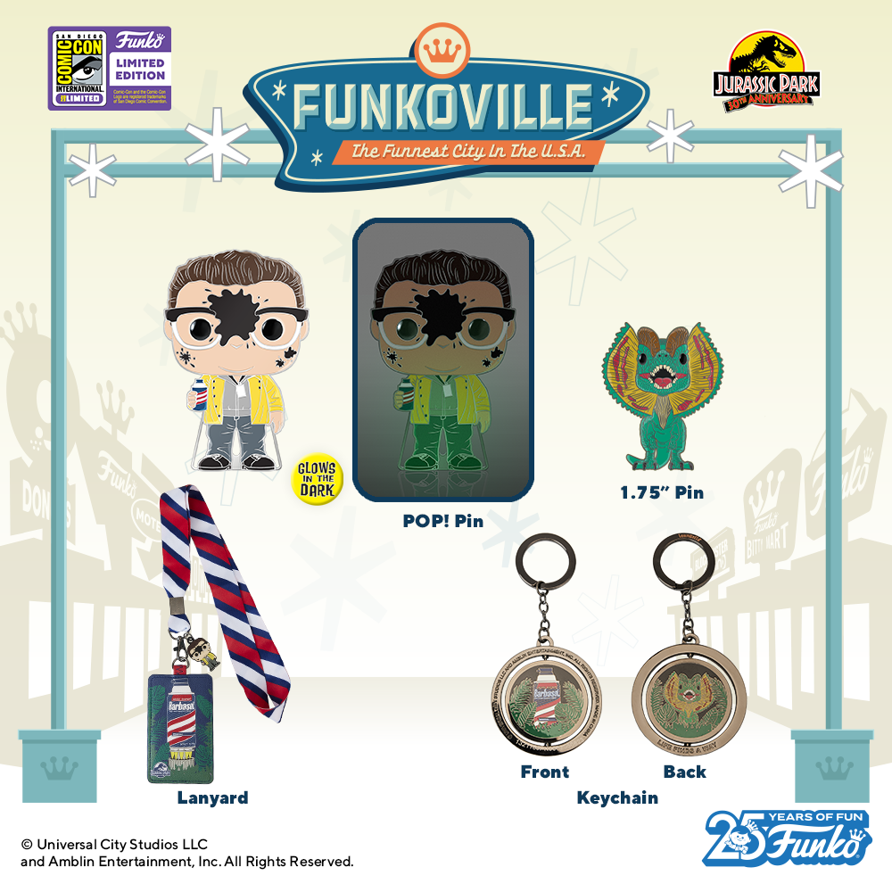 SDCC 2023 has dug up a special, exclusive Jurassic Park accessory 4-pack. Included are a spinning double-sided keychain, glow-in-the-dark Pop! Pin, enamel pin, and themed lanyard with ID holder.